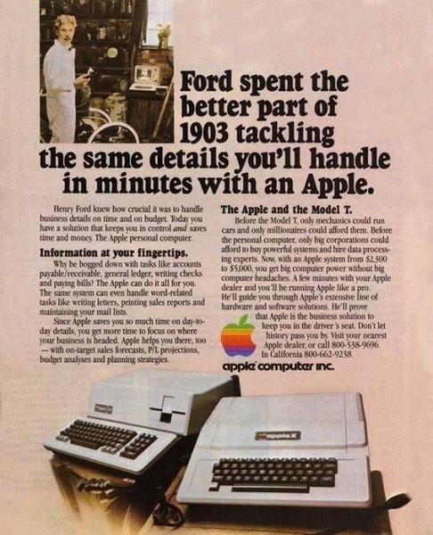 美國<a href=/smart/qiche/ target=_blank class=infotextkey>汽車</a>大王亨利?福特（Henry Ford）出現在蘋果電腦廣告中。Apple II電腦廣告，1981年發布。