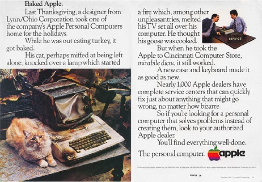 蘋果電腦燒焦了還能使用。AppleII電腦廣告，1981年發布。
