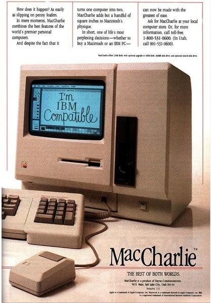 介紹蘋果電腦的MacCharlie硬件設備。蘋果電腦廣告，1986年發布。